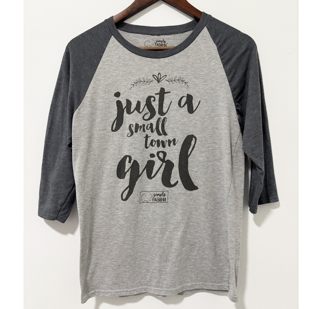 Simply Faithful Baseball Tee Womens Small Gray Just a Small Town Girl Raglan